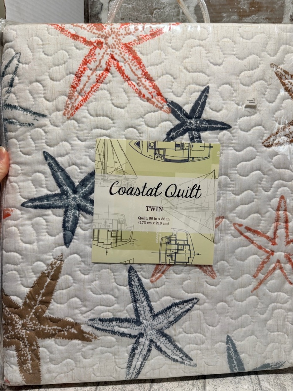 Coastal Quilt - Starfish Pattern in Coral, Blue & Tan - new twin